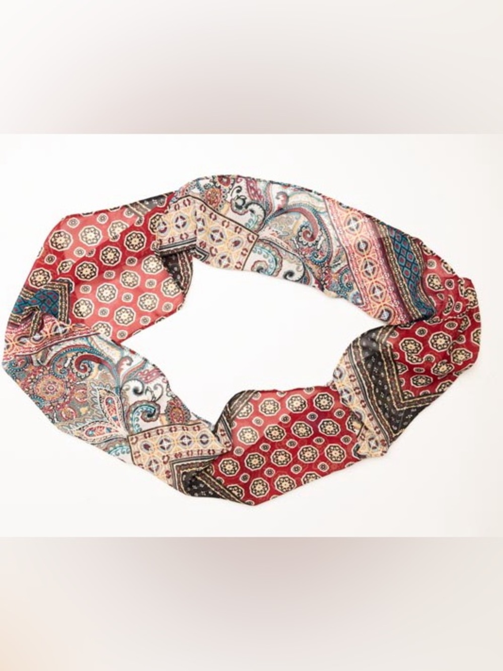 Boho Patchwork Red Multicolor Silk Scarf